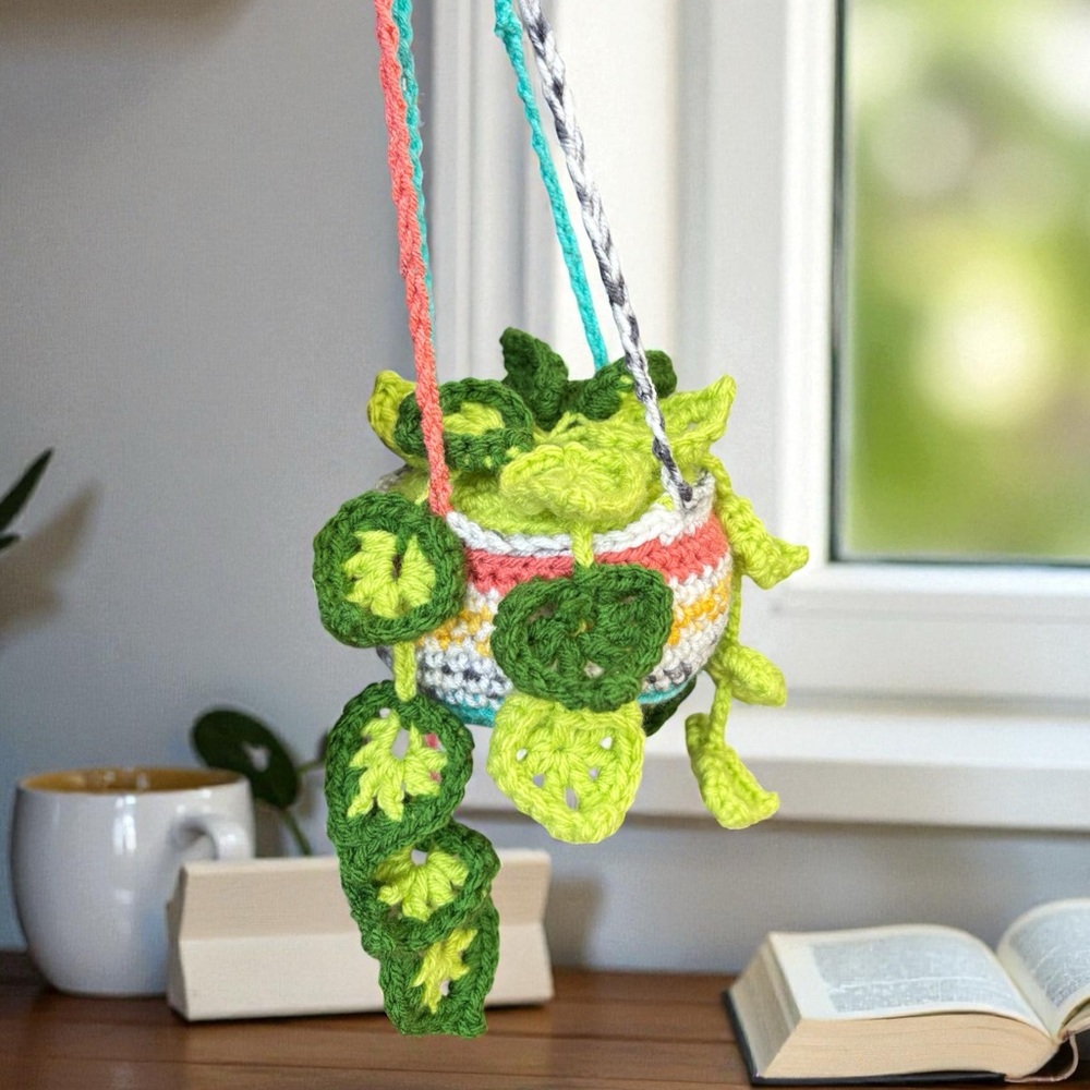 Crochet Hanging Artificial Plant Green Multicolor Monstera Boho Home Decor - Picture 4 of 11